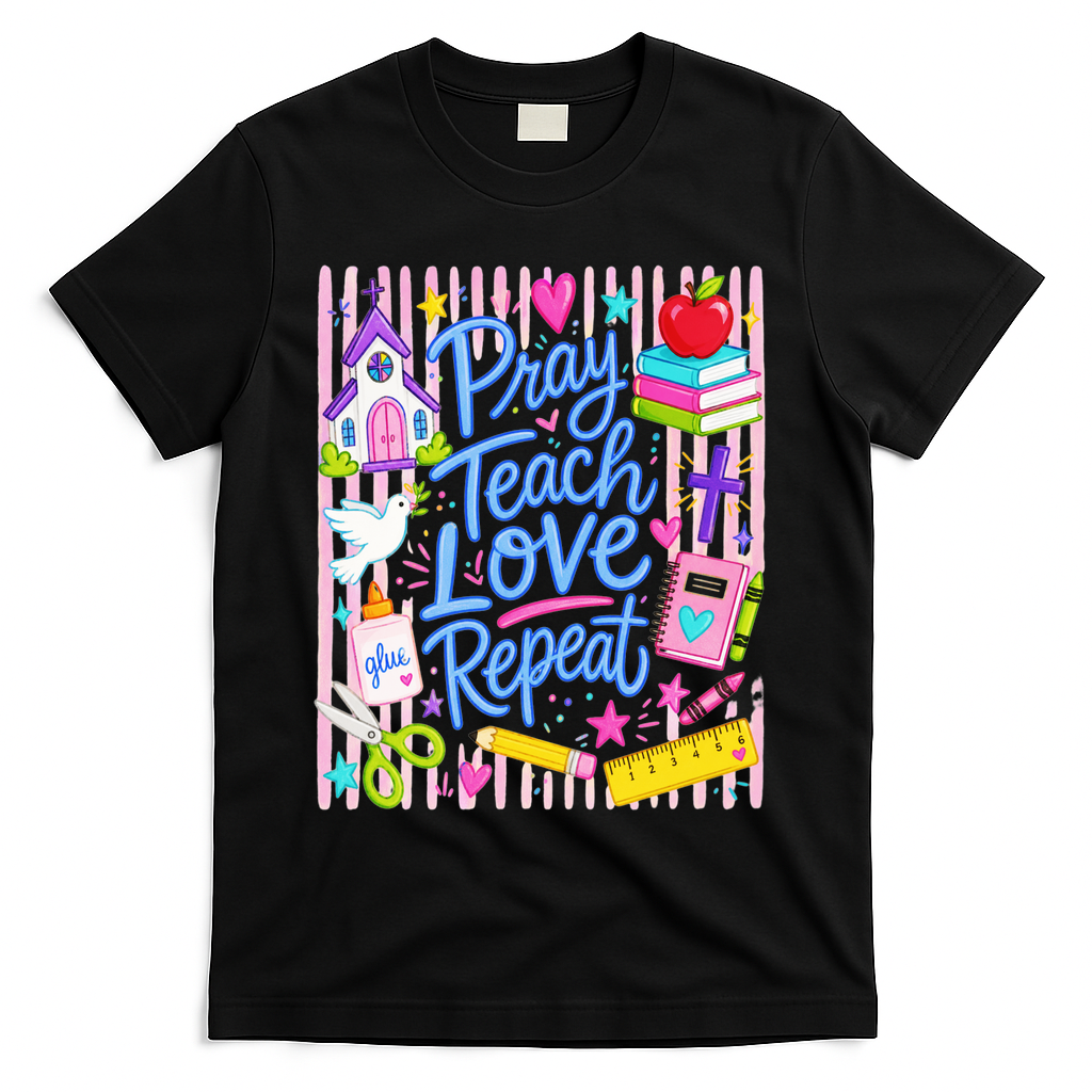 Pray Teach Love Repeat Christian Teacher Striped T-Shirt - Black