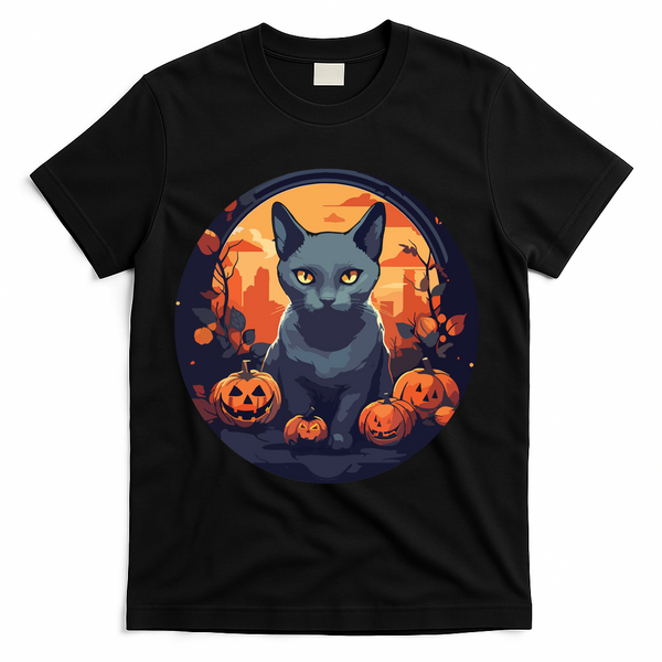 Russian Blue Cat Halloween Pumpkin Love Cats T-Shirt - Black
