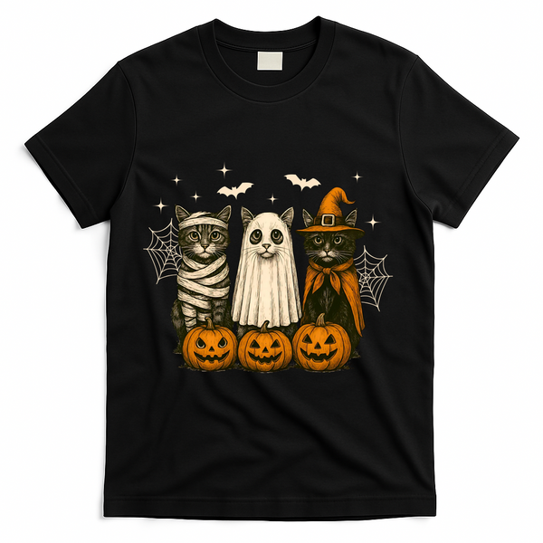Retro Black Cat Witch Scary Halloween Pumpkin Spooky T-Shirt - Black