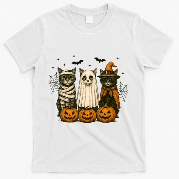 Retro Black Cat Witch Scary Halloween Pumpkin Spooky T-Shirt - White