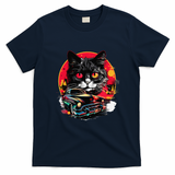 Retro Cat Classic Car Vintage Neon Art T-Shirt - Navy Blue