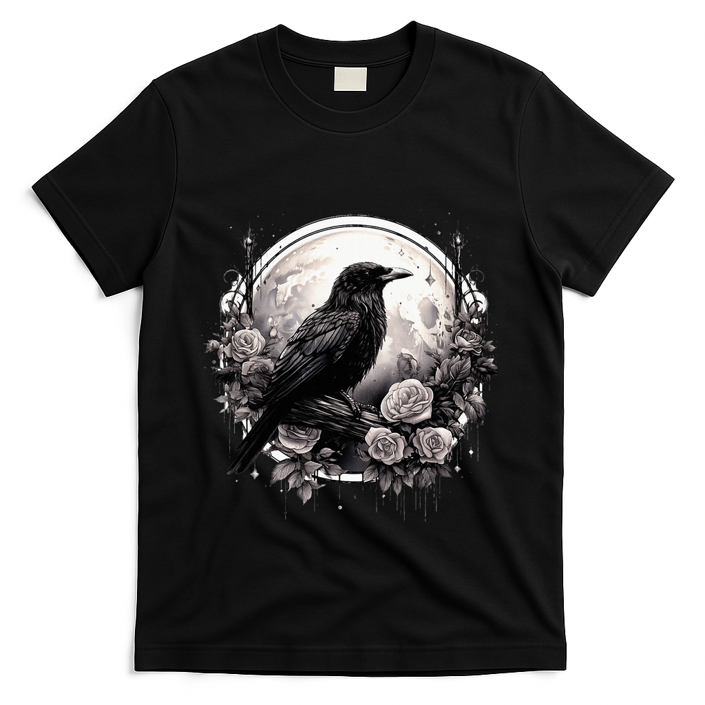 Raven Full Moon Gothic Witchy Crow Roses Mystical T-Shirt - Black