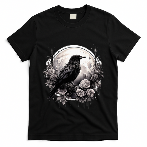 Raven Full Moon Gothic Witchy Crow Roses Mystical T-Shirt - Black