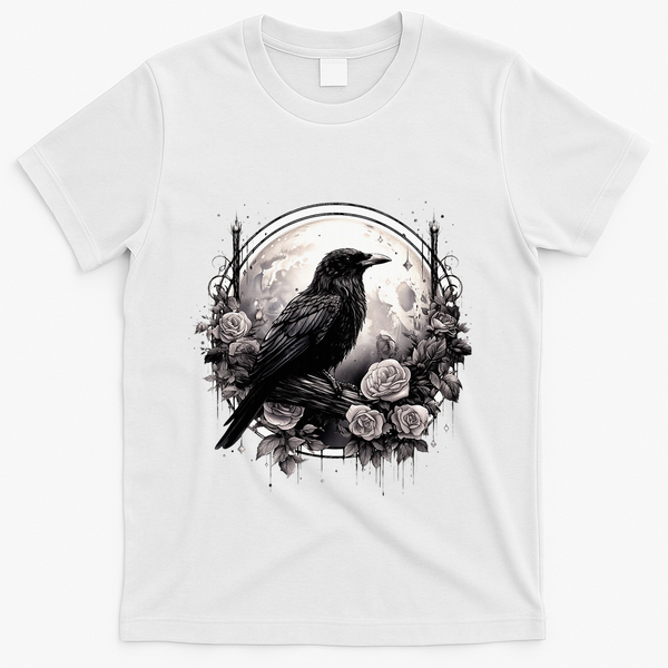 Raven Full Moon Gothic Witchy Crow Roses Mystical T-Shirt - White