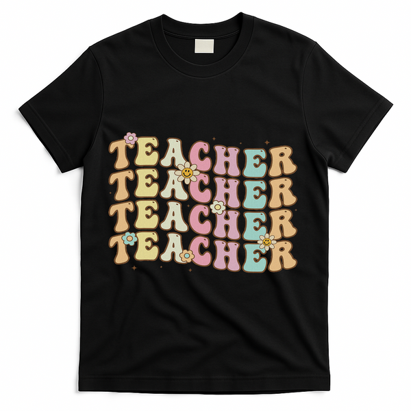 Retro Groovy Teacher Inspirational Colorful Back To School T-Shirt - Black