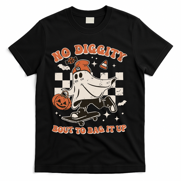 Retro Halloween Ghost No Diggity Bout To Bag It Up T-Shirt - Black