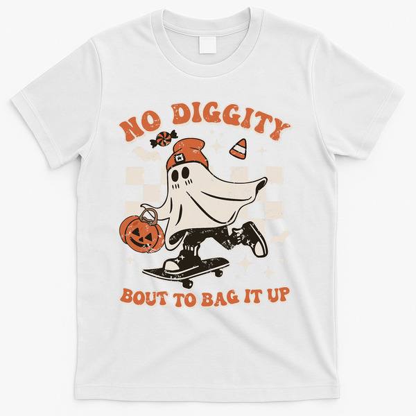 Retro Halloween Ghost No Diggity Bout To Bag It Up T-Shirt - White
