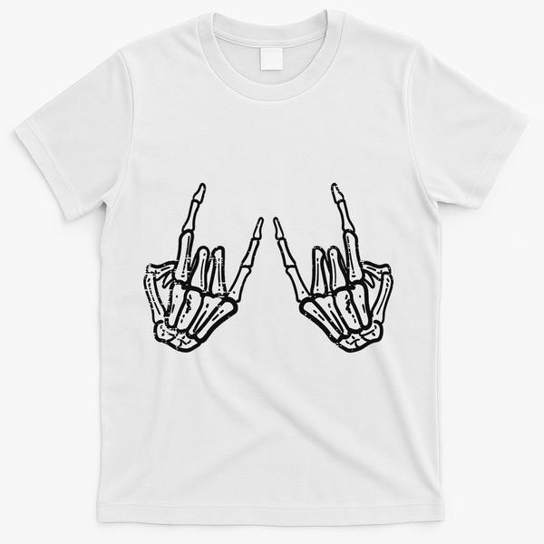 Rocker Hand Sign Rock Skeleton Retro Halloween Women T-Shirt - White