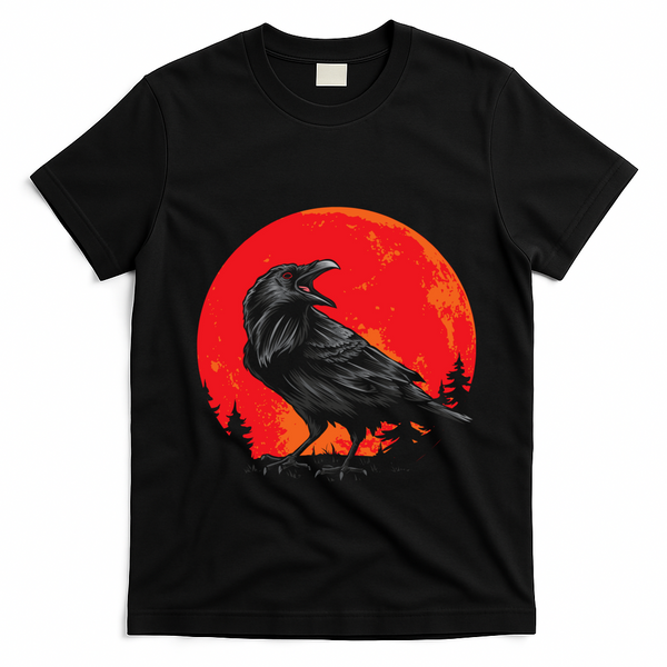 Red Moon Black Crow Gothic Animal Bird Spooky Forest Raven T-Shirt - Black