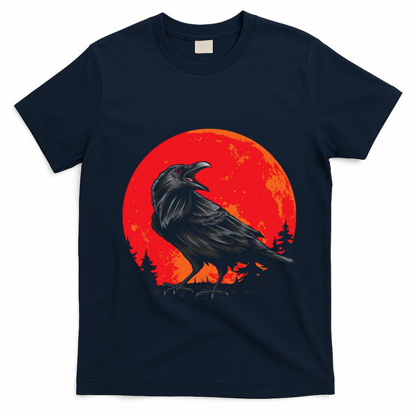 Red Moon Black Crow Gothic Animal Bird Spooky Forest Raven T-Shirt - Navy Blue