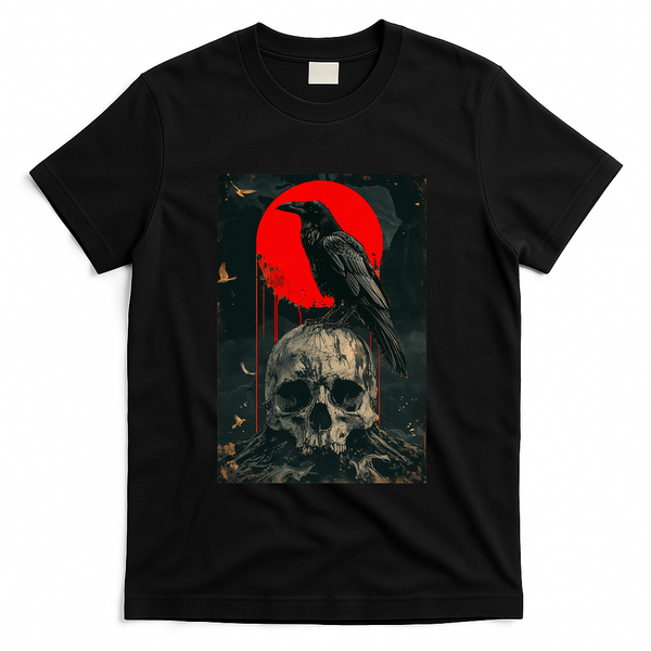 Red Moon Black Gothic Raven Skull Graphic Black Crow T-Shirt - Black