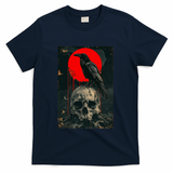 Red Moon Black Gothic Raven Skull Graphic Black Crow T-Shirt - Navy