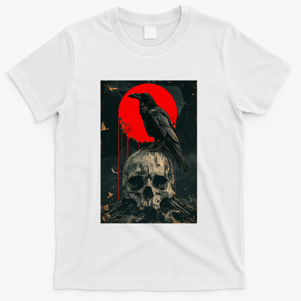 Red Moon Black Gothic Raven Skull Graphic Black Crow T-Shirt - White