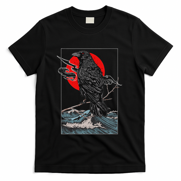 Red Moon Raven Graphic Black Crow T-Shirt - Black