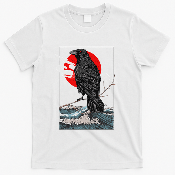 Red Moon Raven Graphic Black Crow T-Shirt - White