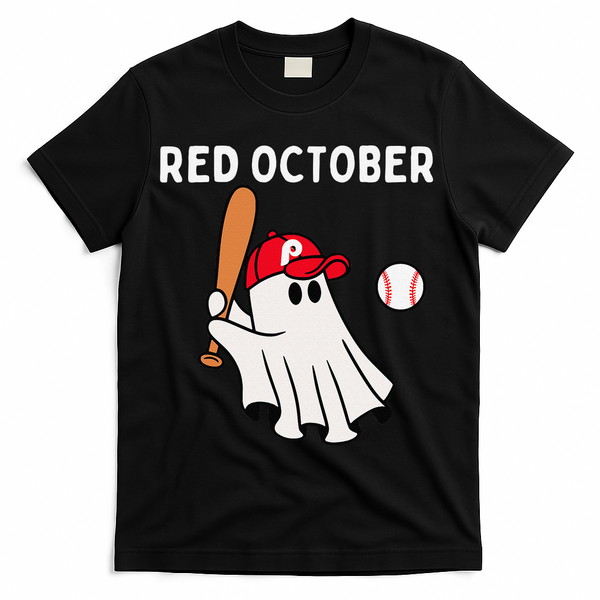 Red October Halloween Philadelphia Baseball Ghost T-Shirt - Black