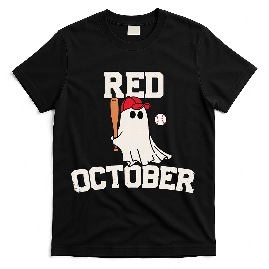 Red October Halloween Ghost Playing Baseball T-Shirt - Black