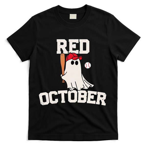 Red October Halloween Ghost Playing Baseball T-Shirt - Black
