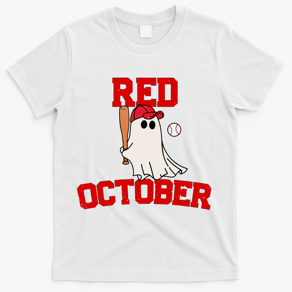 Red October Halloween Ghost Playing Baseball T-Shirt - White