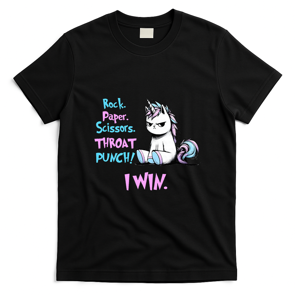 Rock Paper Scissors Throat Punch I Win Unicorn Funny Adult Humor T-Shirt - Black