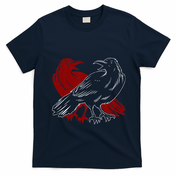 Red Raven Spooky Gothic Animal Forest Bird Black Crow T-Shirt - Navy Blue