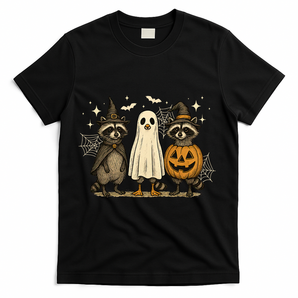 Retro Raccoon Witch Scary Halloween Pumpkin  T-Shirt - Black