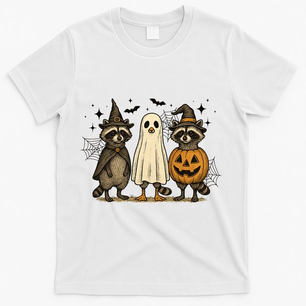 Retro Raccoon Witch Scary Halloween Pumpkin  T-Shirt - White