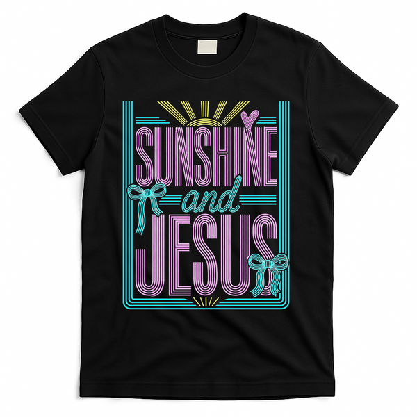 Retro Sunshine And Jesus Faith Striped Summer T-Shirt - Black