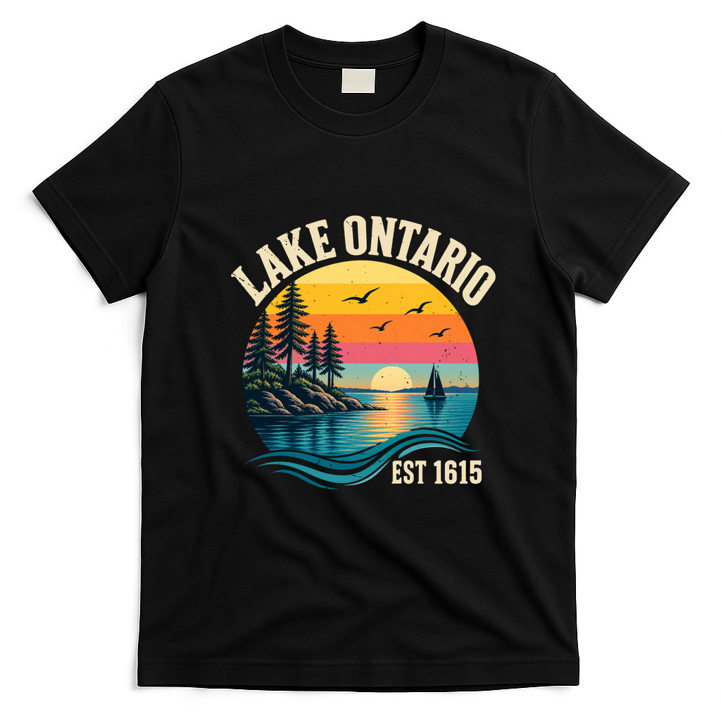 Retro Sunset Great Lakes Lake Ontario EST 1615 T-Shirt - Black