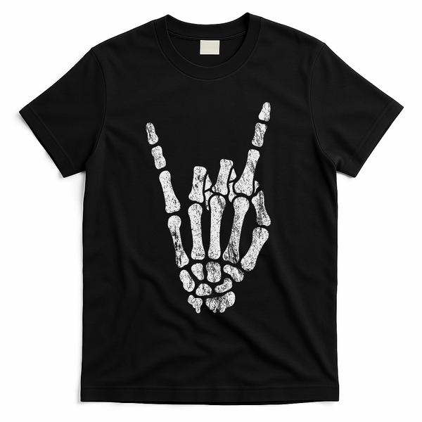 Rock Skeleton Hand Rock N Roll Metal Distressed Halloween T-Shirt - Black