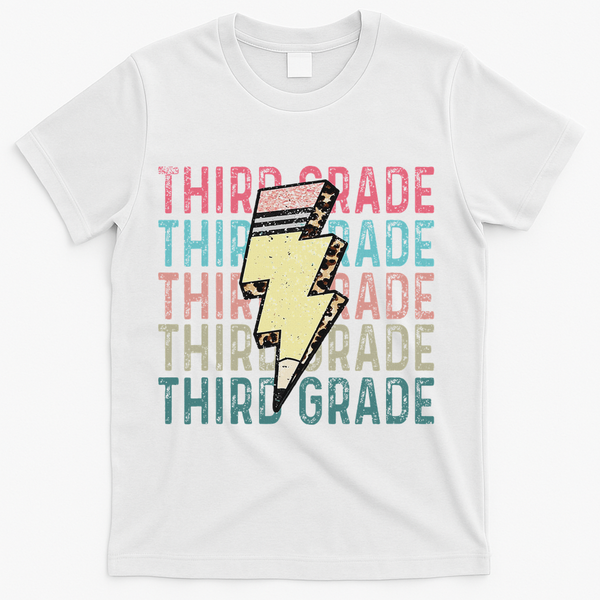 Retro Third Grade Teacher Lightning Bolt Pencil Teacher T-Shirt - White
