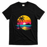 Retro Tropical Sunset Vibe Graphic Summer Beach Gift T-Shirt - Black