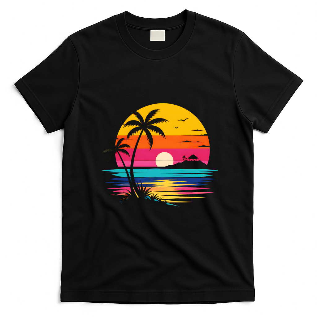 Retro Tropical Sunset Vibe Graphic Summer Beach Gift T-Shirt - Black