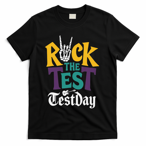 Rock The Test Testing Day Hand Skeleton Teacher Student T-Shirt - Black