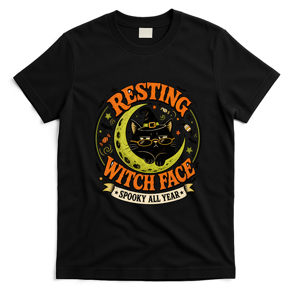 Resting Witch Face Black Cat Moon Halloween Art T-Shirt - Black