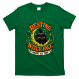 Resting Witch Face Black Cat Moon Halloween Art T-Shirt - Irish Green