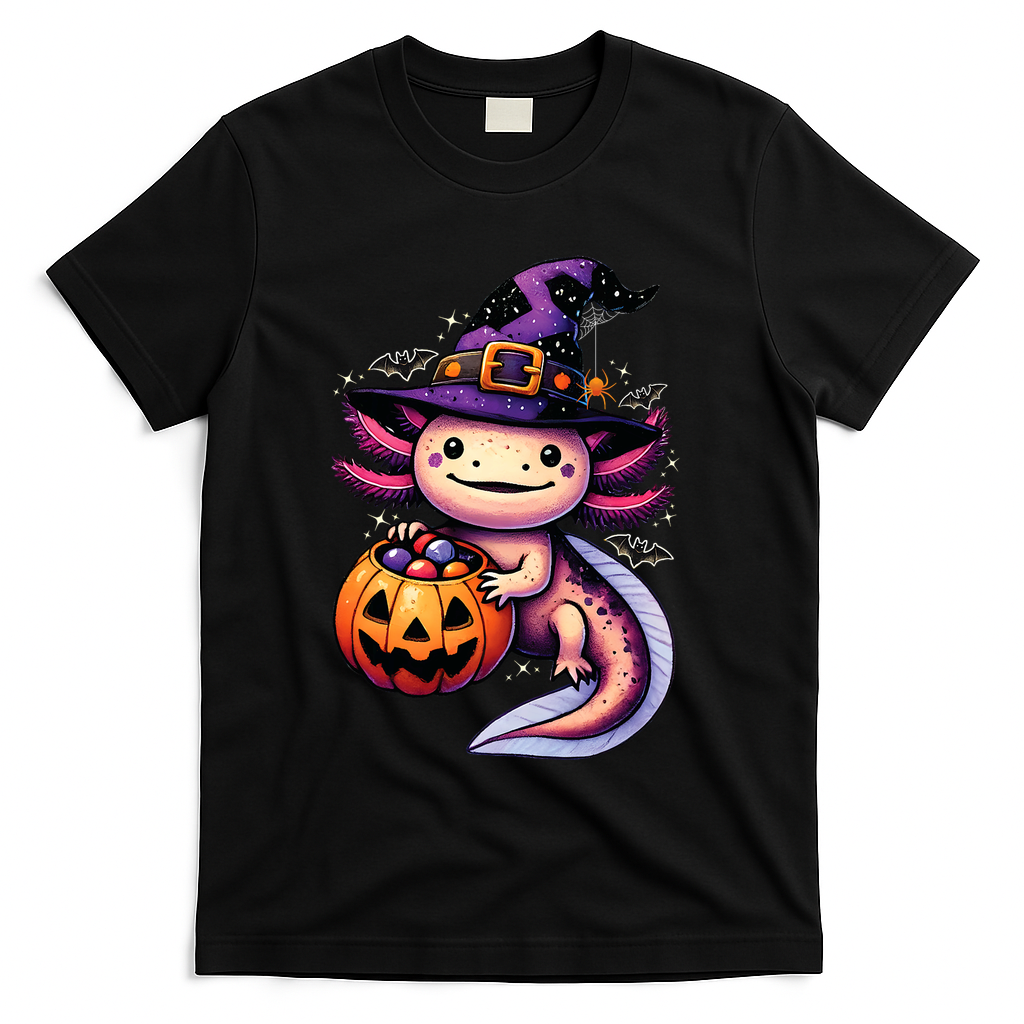 Sea Animal Lovers Axolotl Witch Hat Celebrating Halloween T-Shirt - Black