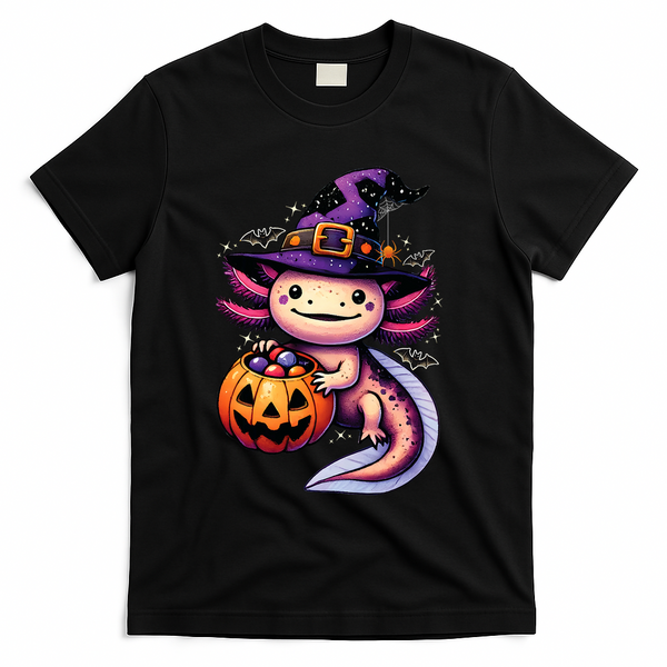 Sea Animal Lovers Axolotl Witch Hat Celebrating Halloween T-Shirt - Black