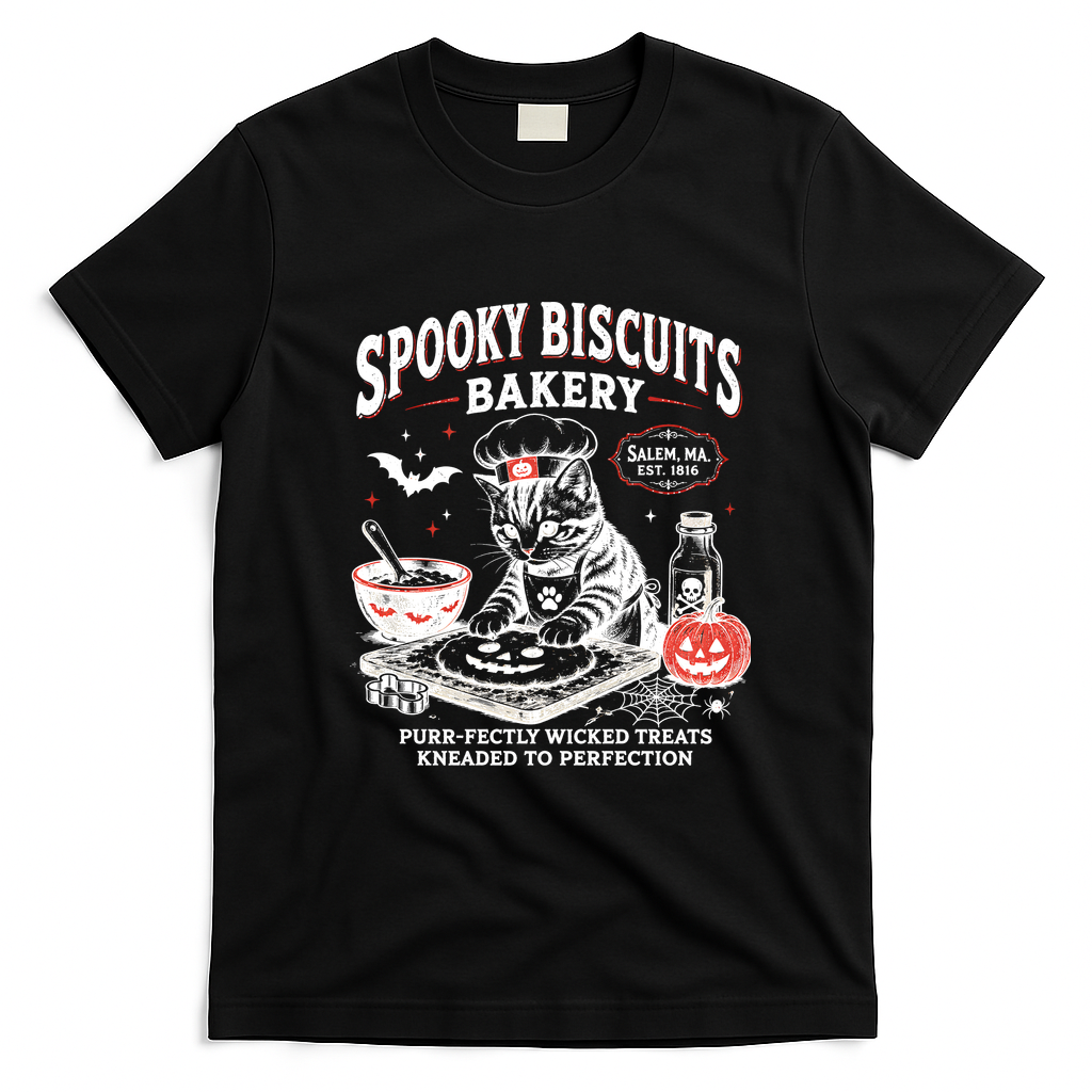 Spooky Biscuits Bakery Cat Halloween Treats T-Shirt - Black