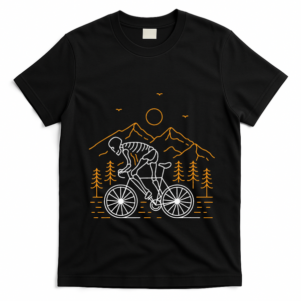 Skeleton Biking Lazy Halloween Costume Cool Line Art Bicycle T-Shirt - Black