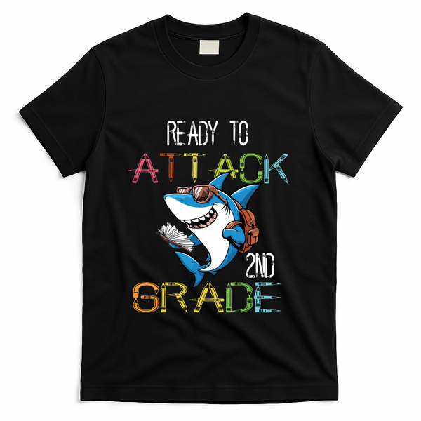 Shark Back To School 2nd Grade Ready To Attack T-Shirt - Black