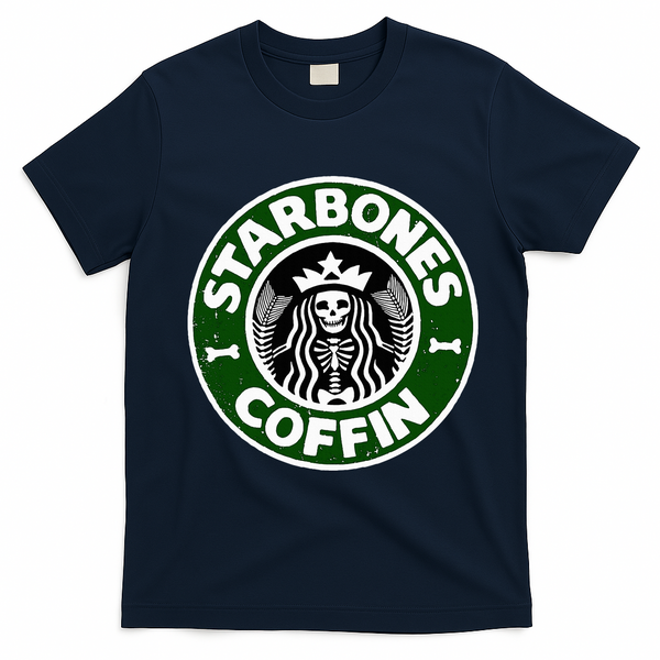 Starbones Coffin Funny Horror Coffee T-Shirt - Navy Blue