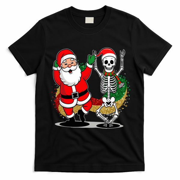 Santa Claus & Skeleton Christmas T-Shirt - Black