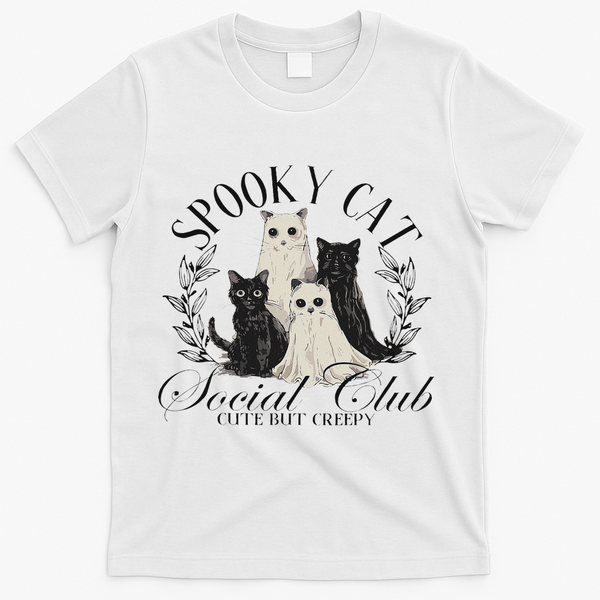 Spooky Cat Social Club Ghost Cat Halloween Gothic Black Cat T-Shirt - White