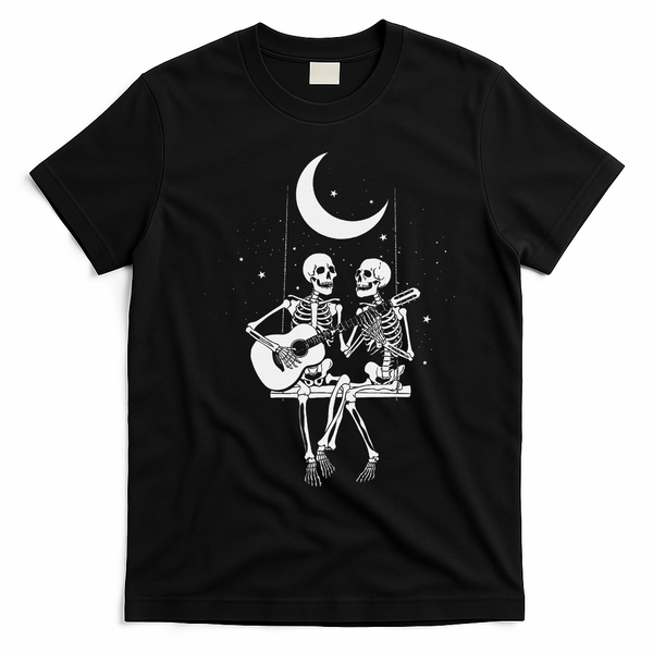 Skeleton Couple Under The Moon Playing Guitar Graphic T-Shirt - Black