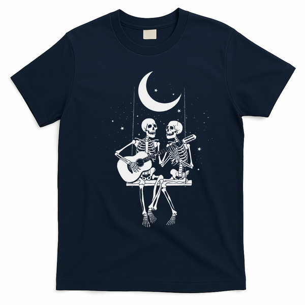 Skeleton Couple Under The Moon Playing Guitar Graphic T-Shirt - Navy Blue