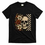 Skull Flowers Vintage Floral Rose Halloween Checkered T-Shirt - Black