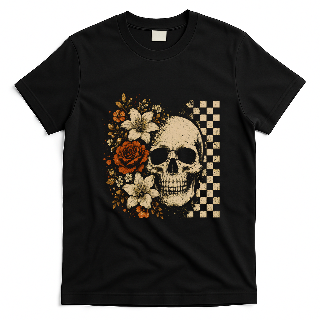 Skull Flowers Vintage Floral Rose Halloween Checkered T-Shirt - Black