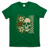 Skull Flowers Vintage Floral Rose Halloween Checkered T-Shirt - Irish Green
