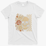 Skull Flowers Vintage Floral Rose Halloween Checkered T-Shirt - White